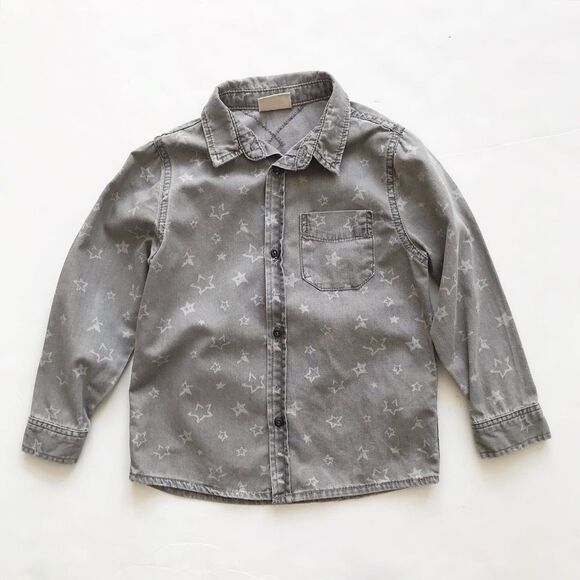 Zara gray star print button down shirt EUC 6Y - Picture 1 of 4